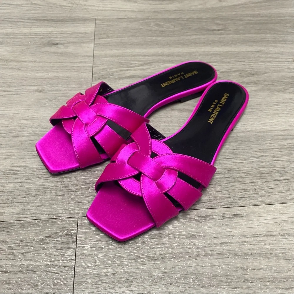 RARE Like New Saint Laurent Fuchsia Satin Nu Pieds Slide Sandals size 37.5 - Picture 3 of 9